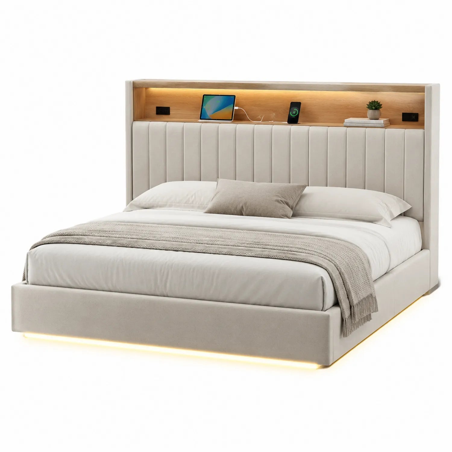Letto matrimoniale con testiera in tessuto poliestere e illuminazione LED