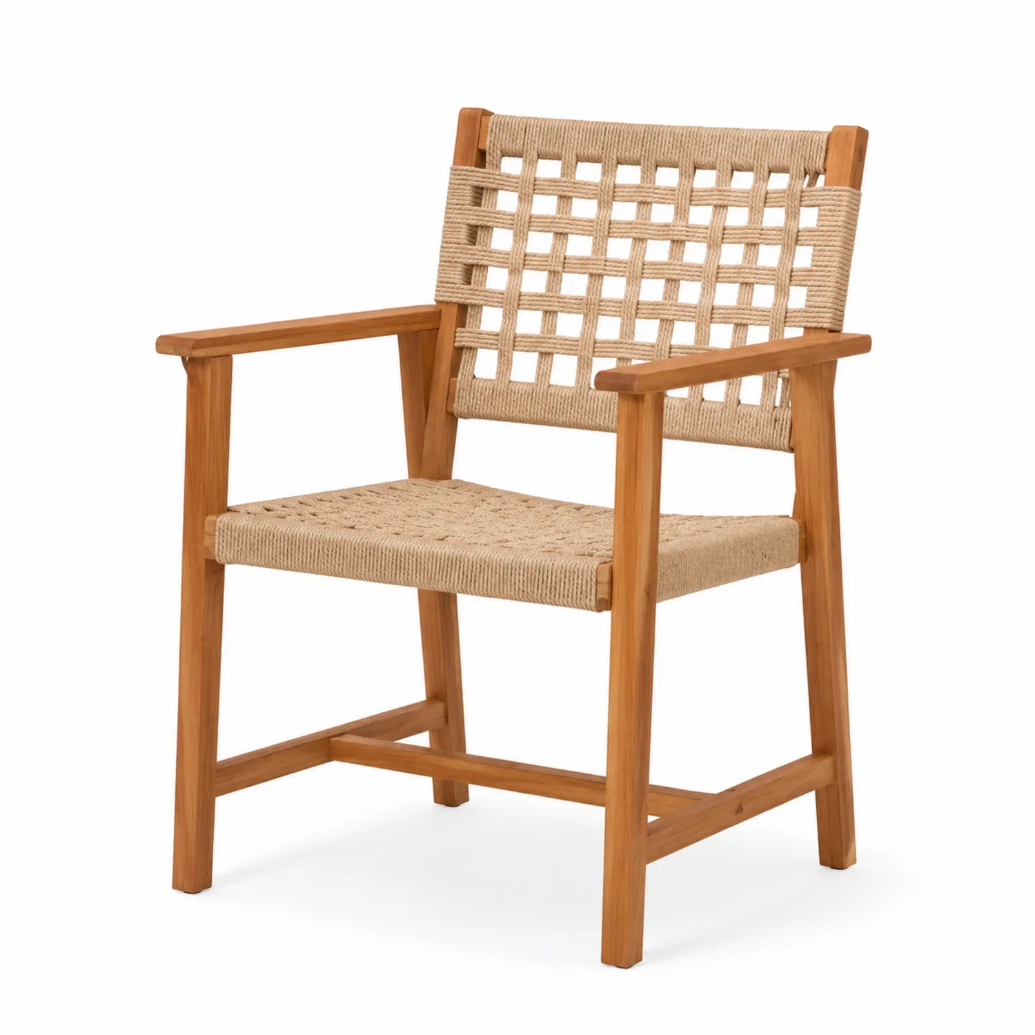 Sedia da giardino in legno di teak e corda beige con braccioli