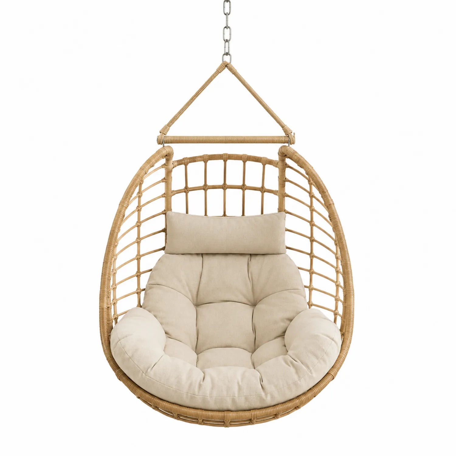 Poltrona Sospesa in Rattan Sintetico con Cuscino Beige