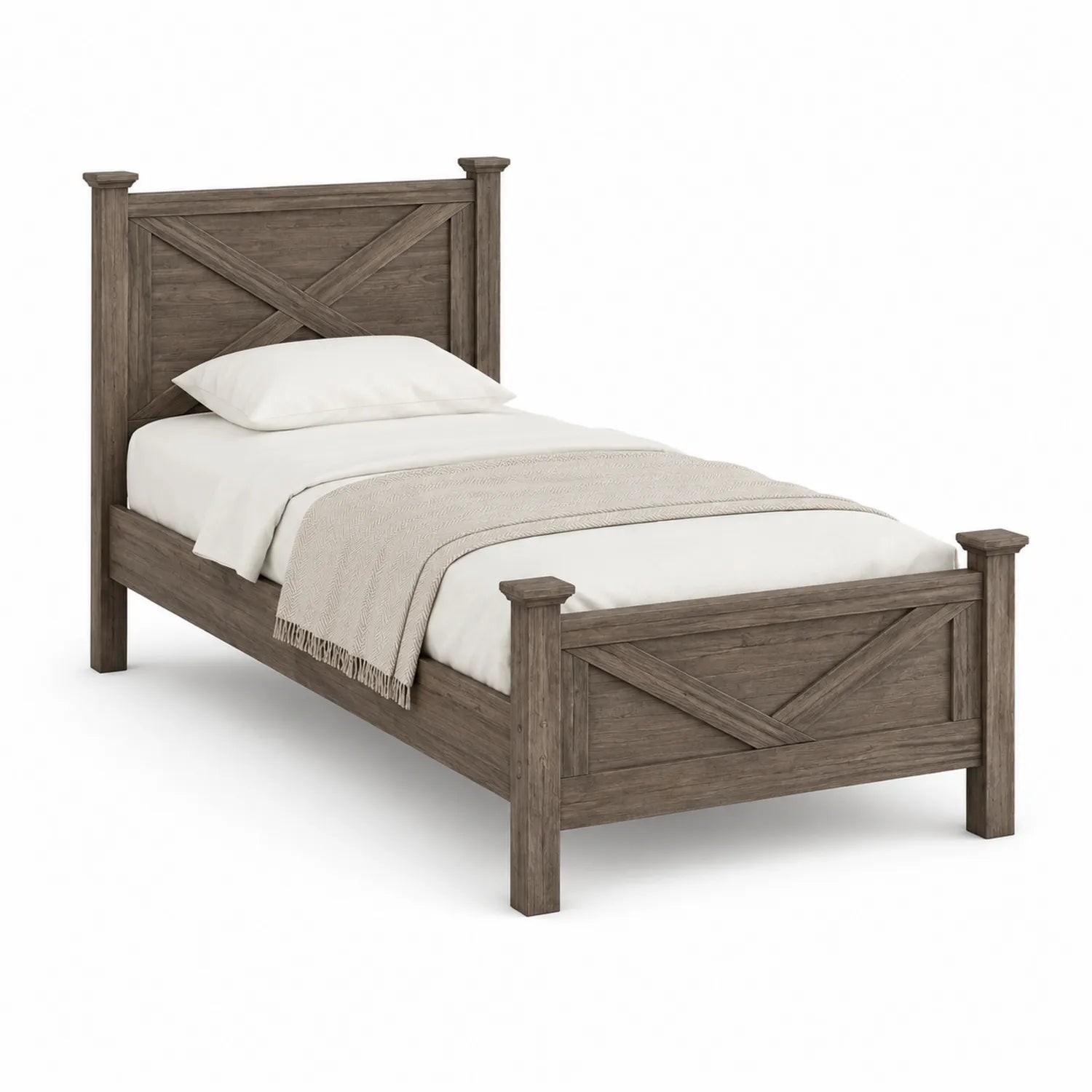 Letto singolo in legno massello marrone con cuscino e coperta