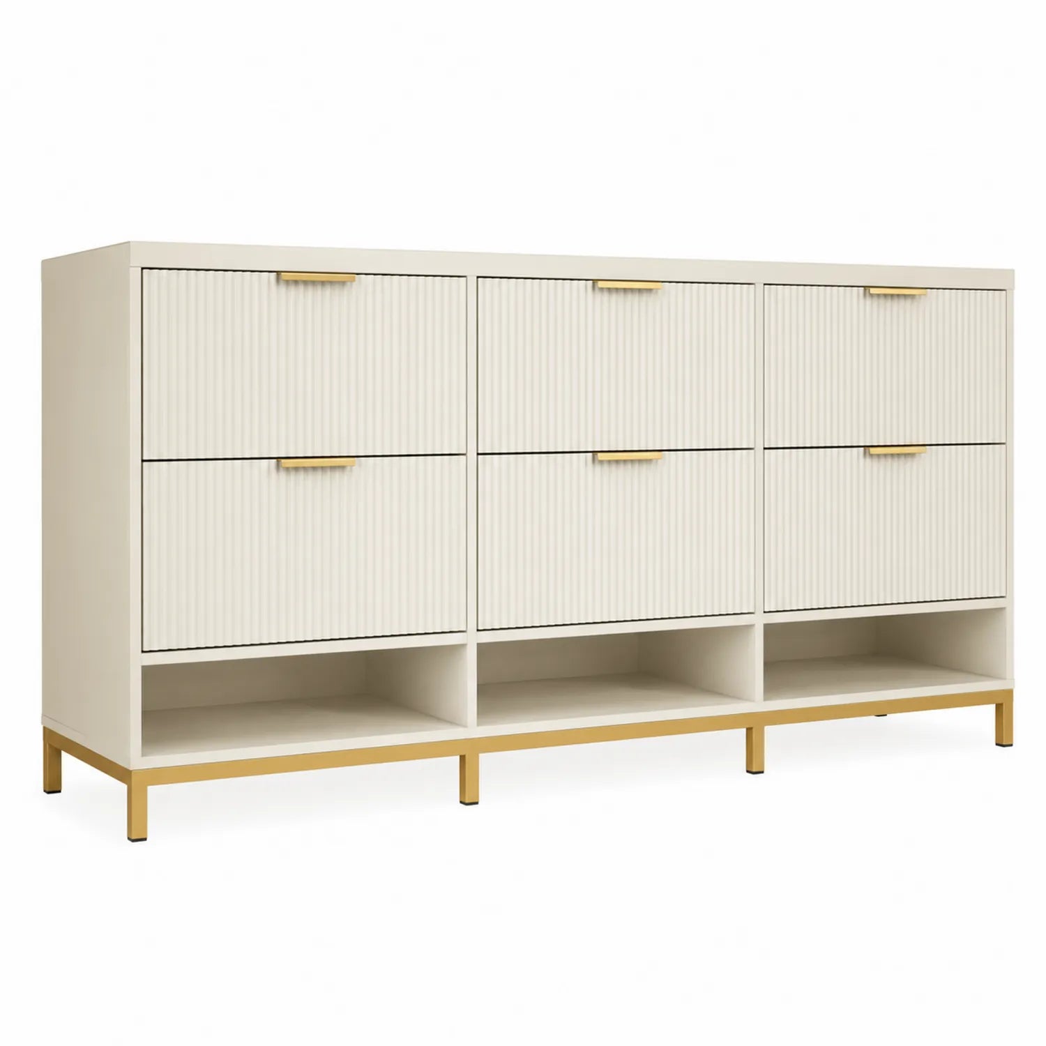 Cassettiera in MDF crema 6 cassetti 3 scomparti con base dorata