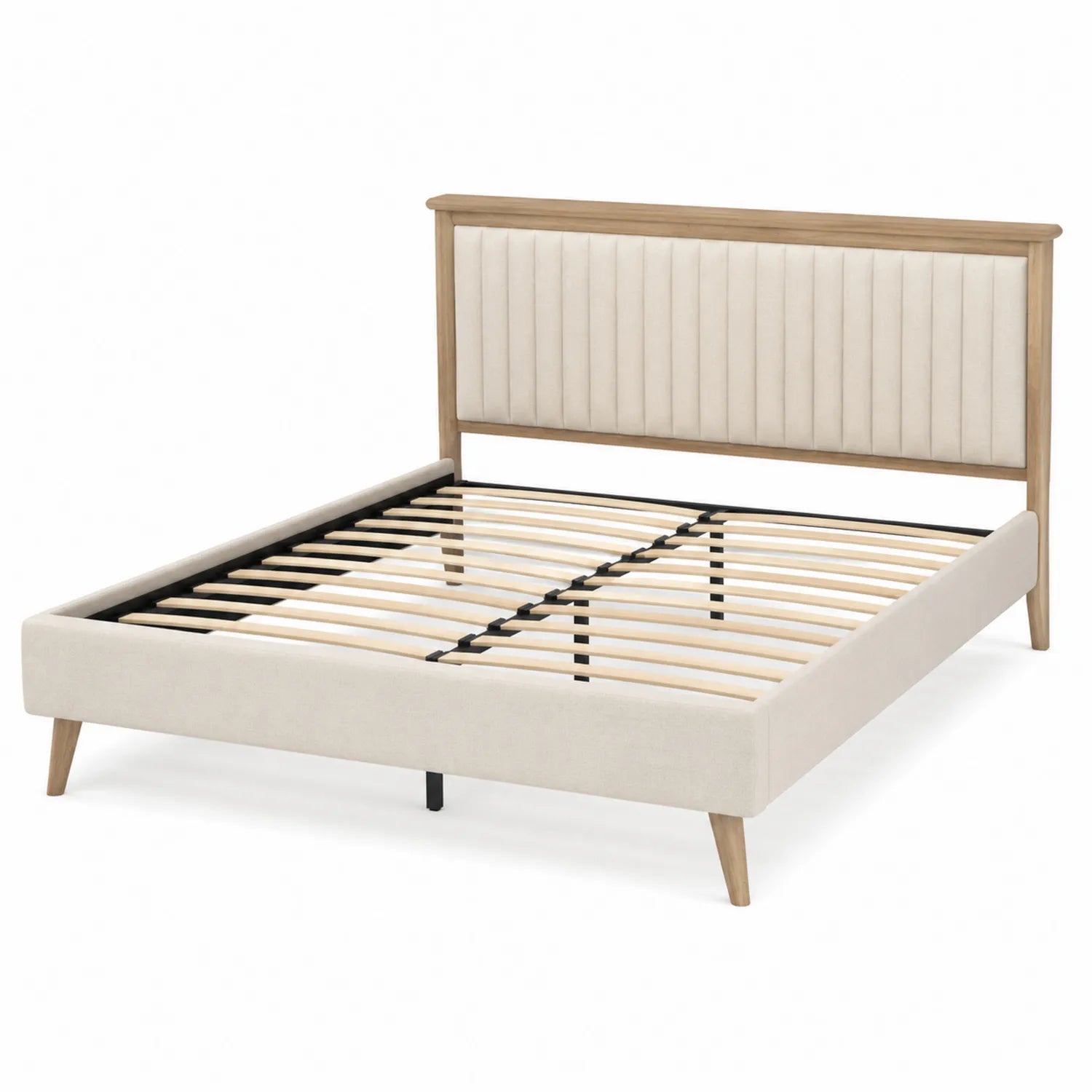 Letto matrimoniale in legno e tessuto con testiera imbottita 200x160 cm