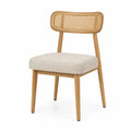 Sedia da pranzo in legno di quercia con schienale in rattan e seduta in lino poliestere beige
