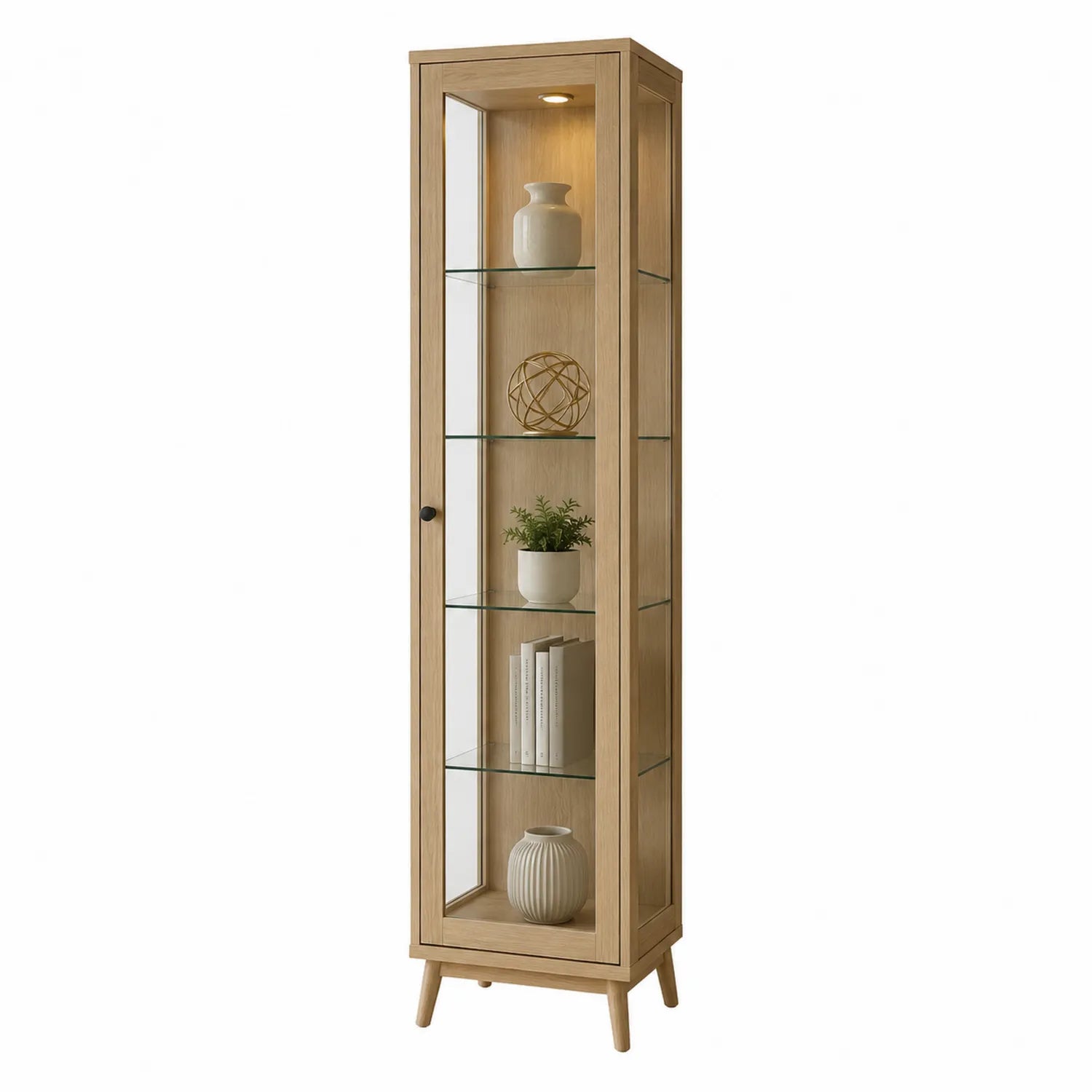 Vetrina in legno di rovere con ripiani in vetro temperato e illuminazione LED