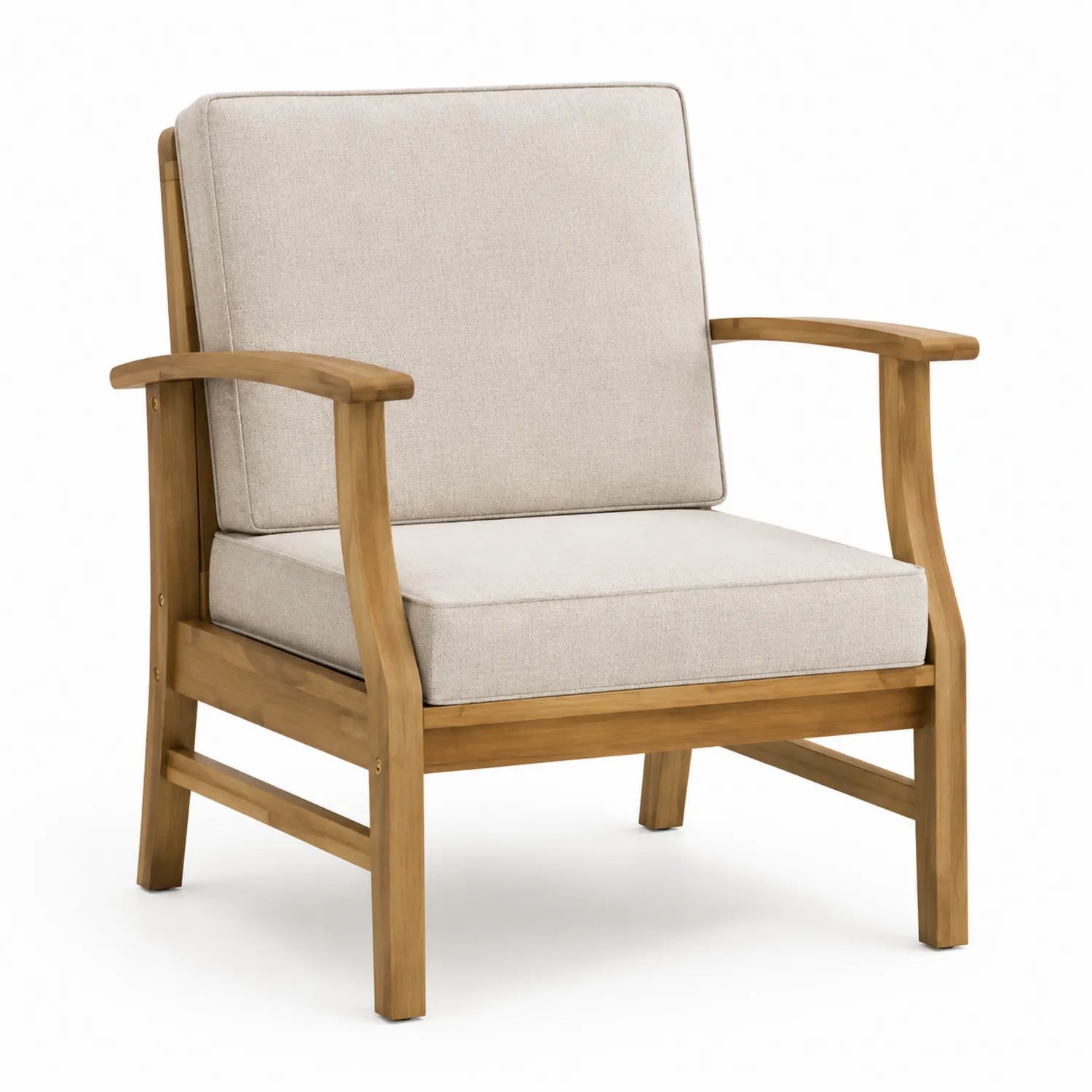 Sedia da esterno in legno di teak con cuscini beige in poliestere
