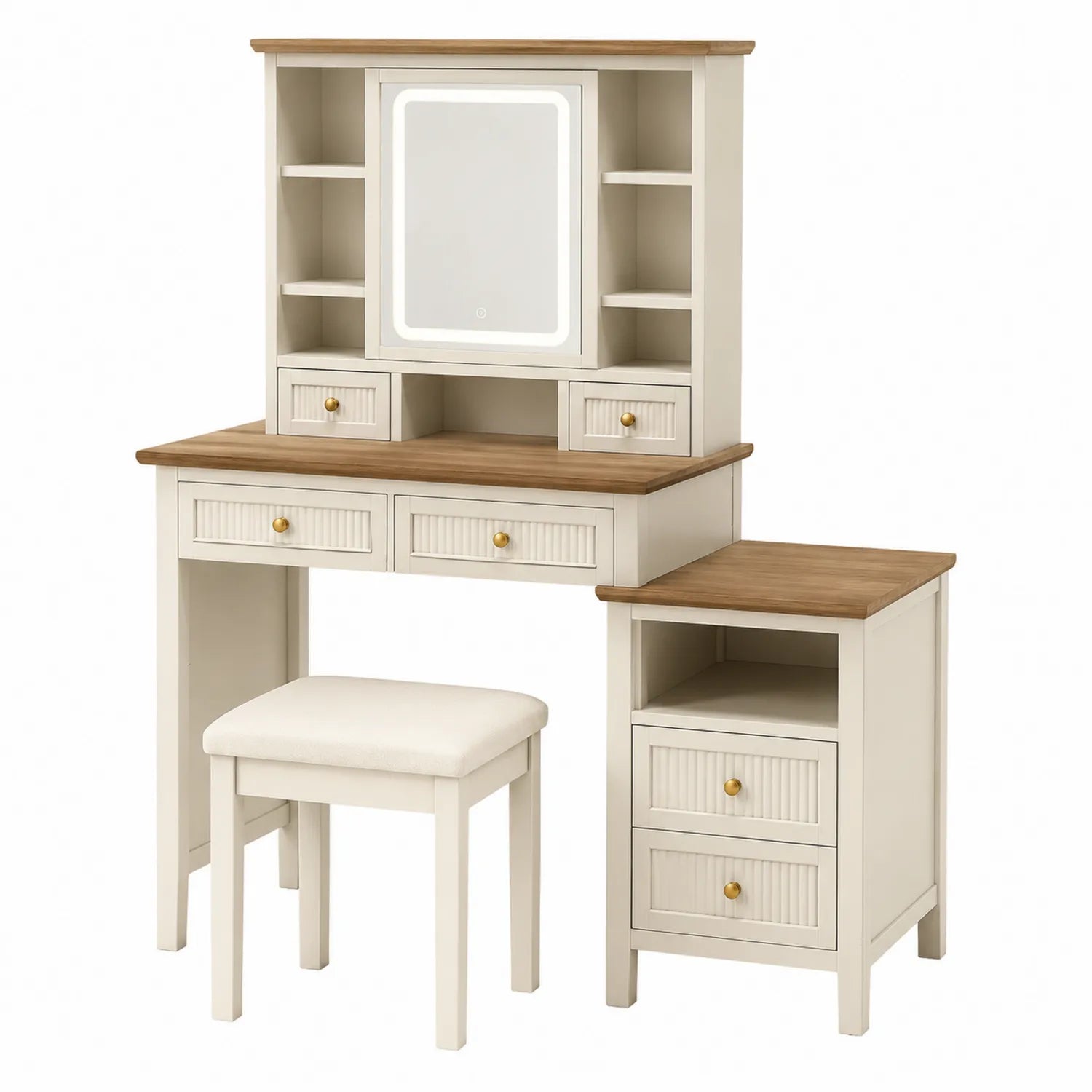Toeletta con Specchio LED in Legno Marrone e Bianco con Sgabello